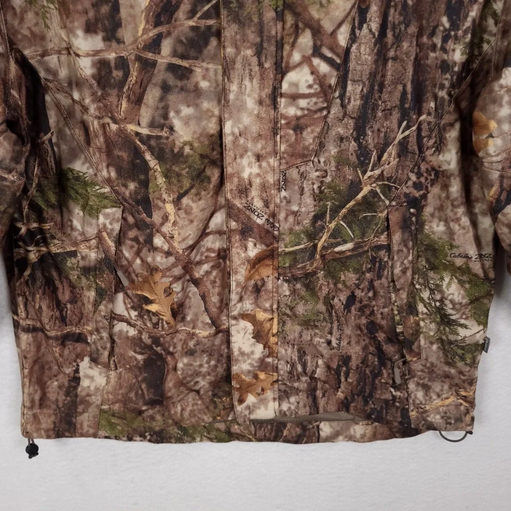 Cabelas ZONZ Woodlands Jacket Mens Camo Packable Hunting Large Brown Hooded Mesh